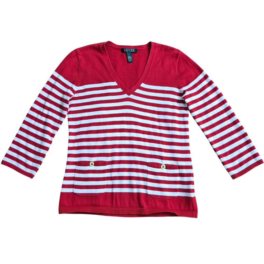 Lauren Ralph Lauren Womens Preppy Nautical Cassic Striped Sweater S Red White